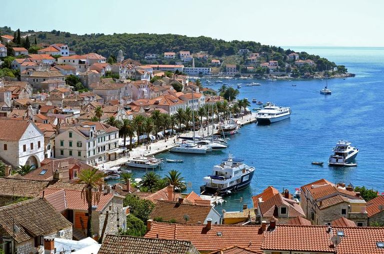 Hvar Town harbour with boats in the port 